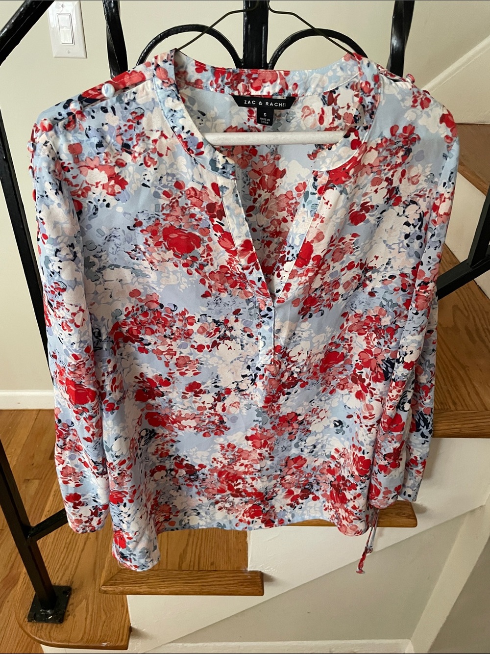 Zac & Rachel Sky Blue Red Floral V-Neck Blouse